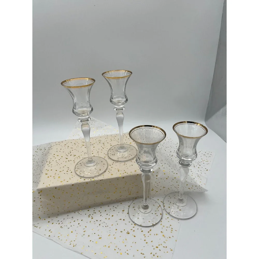Unbranded Crystal Candle Holder Set 4 Clear Gold Rim Excellent Tapered Stem 8in